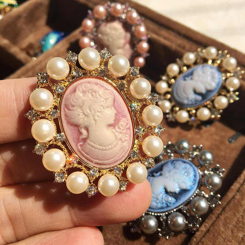 [Australia] - Ajojewel Vintage Lady Maiden Pink Cameo Brooch Pin Charm for Women Rhinestone & Simulated Pearl Brooches for Party Wedding New Year Gift style 1 