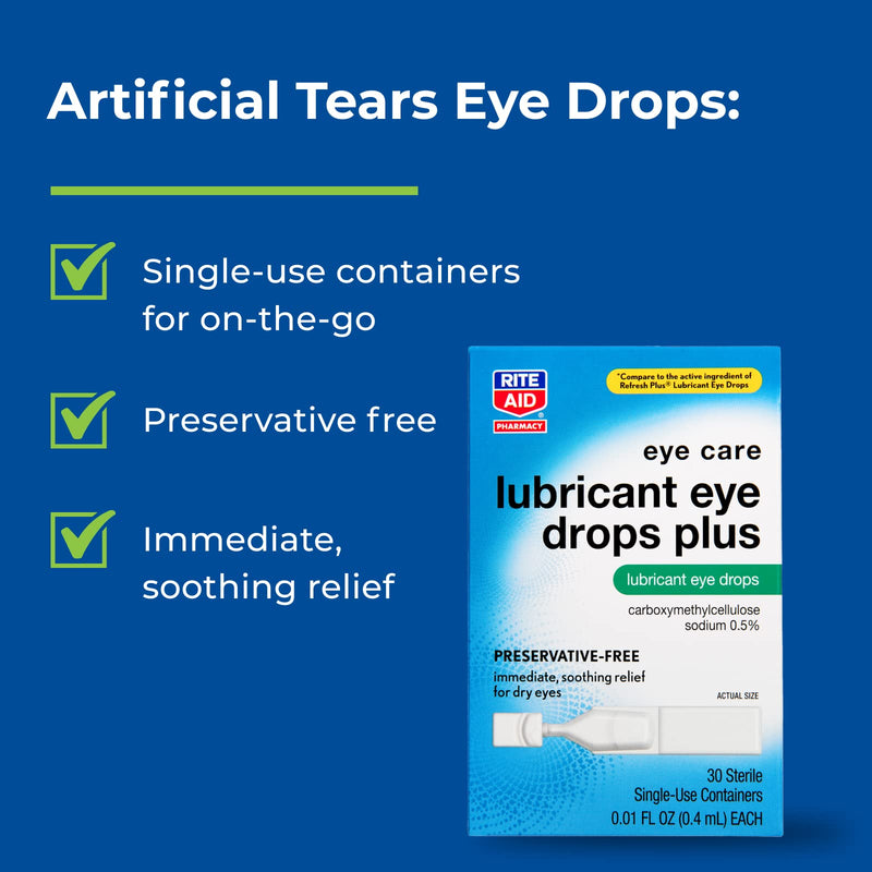 [Australia] - Rite Aid Lubricant Eye Drops Plus - 30 Vials | Carboxymethylcellulose Sodium 0.5% | Sterile, Preservative-Free, Single Use Containers | Eye Drops for Dry Eyes | Artificial Tears | Refresh Tears 