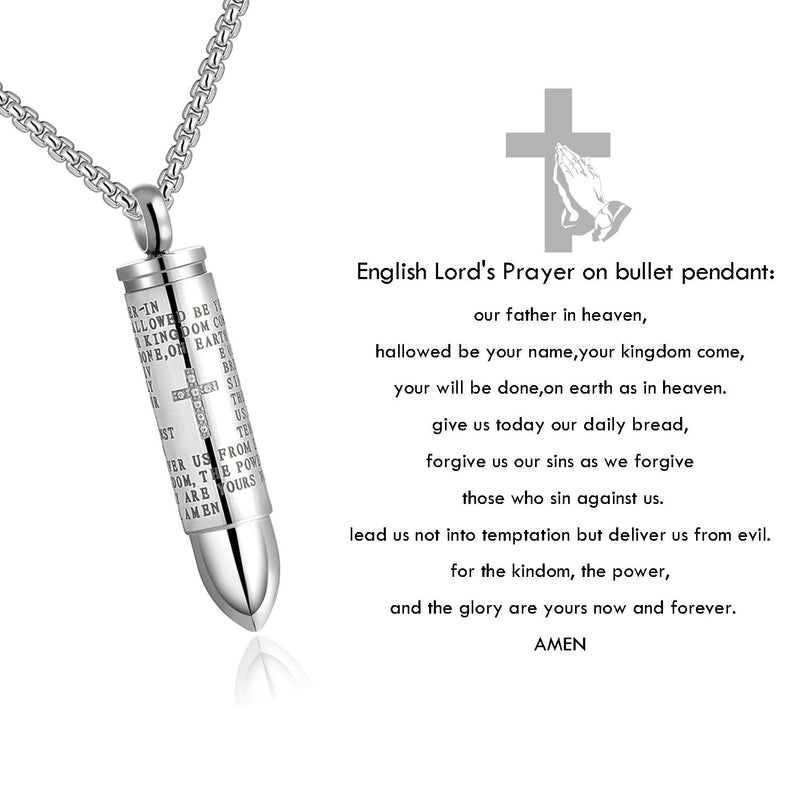 [Australia] - Godcow Men's Stainless Steel Diamond Cross and English Lord's Prayer Bible Verse Bullet Pendant Necklace Silver 