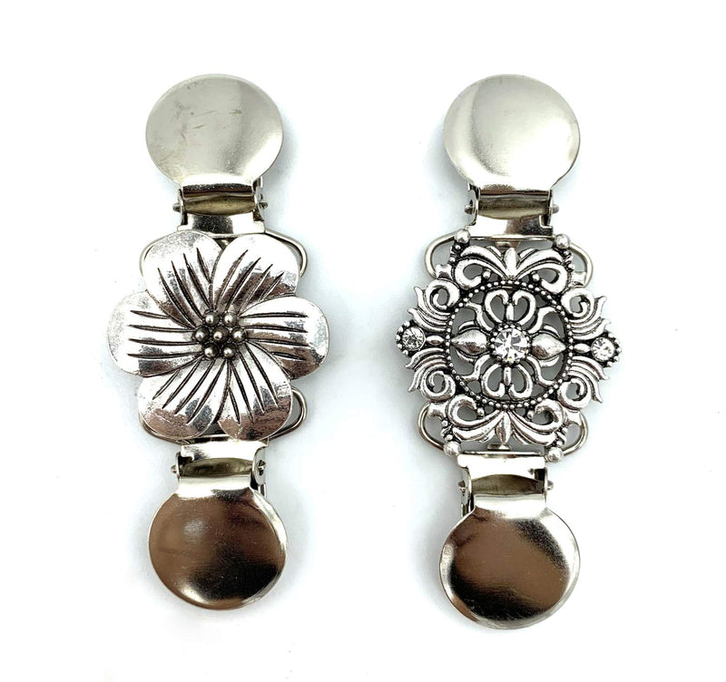 [Australia] - VIEEL 2 Pack Silver Sweater Shawl Clips Set Retro Cardigan Collar Clips Flowers Patterns Dresses Shawl Clip for Women Girls 