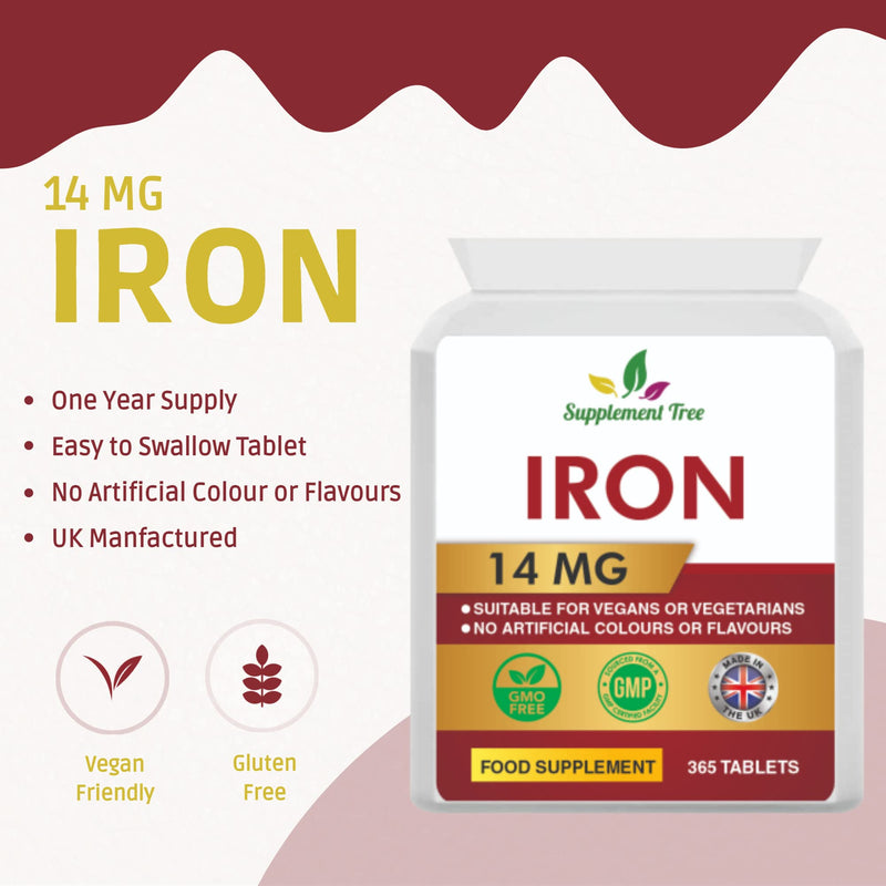 [Australia] - Iron Tablets High Strength 14mg | 365 Vegan Tablets (One Year Supply) | Contributes to The Reduction of Tiredness & Fatigue | Iron Supplements for Men & Women | Easy to Swallow Iron Pills | UK Made 