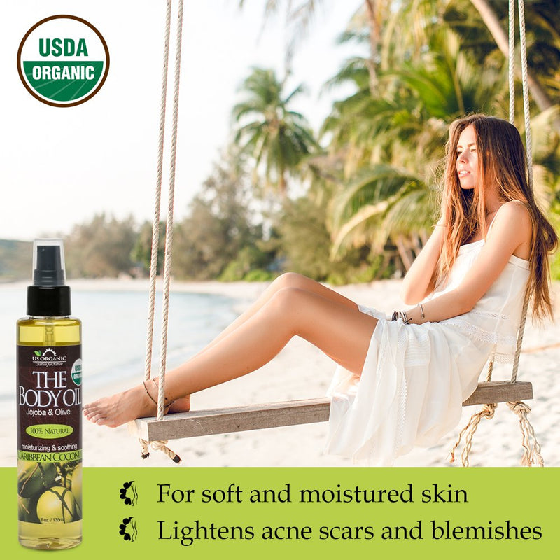 [Australia] - US Organic Body Oil-Blend of Jojoba and Olive Oil with fragrance of Smooth Caribbean Coconut-Vitamin E, USDA Certified, No Alcohol, Paraben, Artificial Detergents, Color or Synthetic perfumes, 5 Fl.oz 