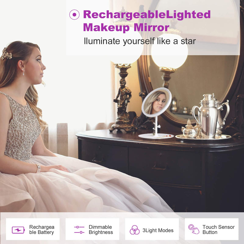 [Australia] - Vanity Mirror with Lights UZiLaCo Lighted Makeup Mirror with 3 Color Brightness Adjustable,Touch Screen, A Small 10x Magnifying Mirror, Rechargeable, Portable Bedroom/Bathroom (White) 