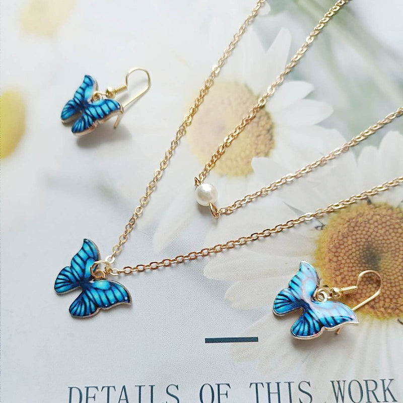 [Australia] - Vangelady Butterfly Necklace Earrings Set Faux Pearl Pendant Double Chain Jewelry for Women Girls Teens Gold Plated 