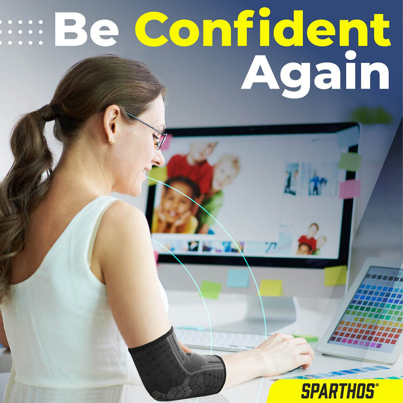 [Australia] - Sparthos Elbow Compression Sleeves (Pair) – Tennis and Golfer's Elbow Support – Elbow Brace for Men and Women – Made from Innovative Breathable Elastic Blend Medium Midnight Black 