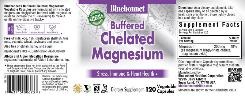[Australia] - Bluebonnet Nutrition Albion Buffered Chelated Magnesium 200 mg, Magnesium Oxide, Stress Relief, Vegan, Non GMO, Gluten Free, Soy Free, Milk Free, Kosher, 120 Vegetable Capsules, 2 Month Supply 