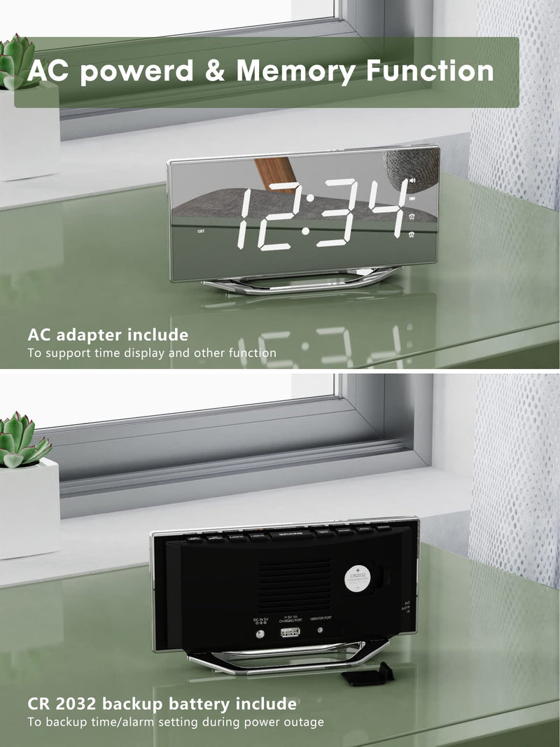 [Australia] - Extra Loud Vibrating Alarm Clock with Bed Shaker for Deep Sleepers Adult Hearing impaired Deaf, Dual Alarms Digital Clock for Bedroom,8.7'' Large Mirror LED Display,USB Charger,Battery Backup,Dimmable Silver Surface(with Bed Shaker) 