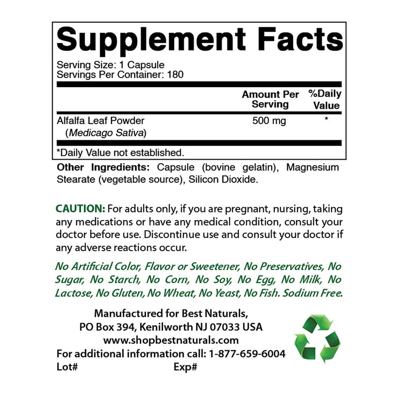 [Australia] - Best Naturals Alfalfa Green Super Food 500 mg 180 Capsules (180 Count (Pack of 1)) 180 Count (Pack of 1) 