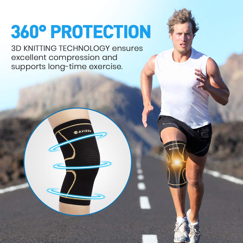 [Australia] - AVIDDA Knee Support Brace 2 Pack - Compression Knee Sleeves for Arthritis, Joint Pain, Ligament Injury, Meniscus Tear, ACL, MCL, Tendonitis, Running, Squats, Sports Gold Small Black Gold S 