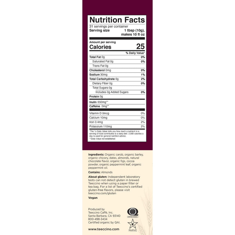 [Australia] - Teeccino Chicory Coffee Alternative – Chocolate Mint – Ground Herbal Coffee That’s Prebiotic, Caffeine Free & Acid Free, Light Roast, 11 Ounce 