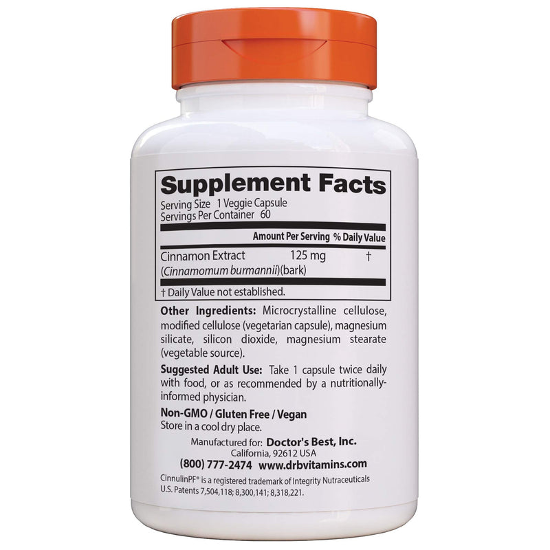 [Australia] - Doctor's Best Cinnamon Extract Cinnulin Pf, Non-GMO, Vegan, Gluten Free, Helps Maintain Blood Sugar Levels, 125 Mg, 60 Veggie Caps (DRB-00130) 60 Count (Pack of 1) 