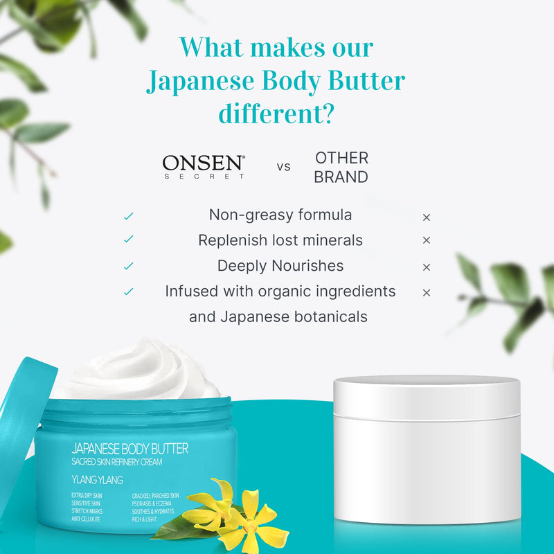 [Australia] - Onsen Japanese Body Butter for Women - Skin Refinery Cream Natural and Organic Shea Butter Moisturizing Clear Skin Exfoliator with Coconut Oil and Vitamin E - 8.6 fl oz / 255 ml (Ylang Ylang) Ylang Ylang 