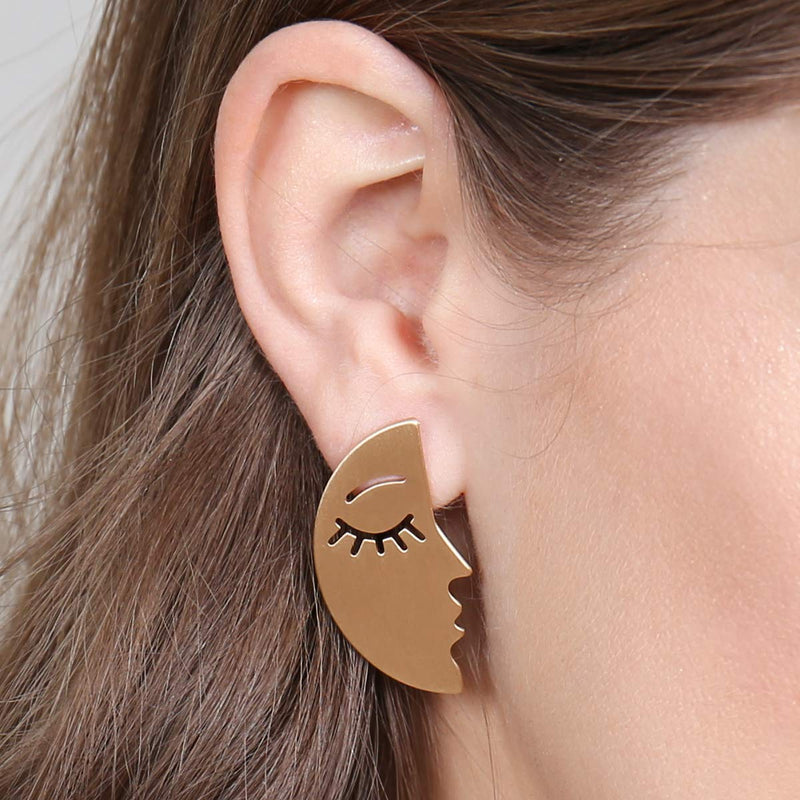[Australia] - RIAH FASHION Bohemian Metallic Face Profile Head Necklace & Earrings - Trendy Geometric Cutout Outline Charm Chain Pendant Statement Jewelry Earrings - Moon Face Gold 
