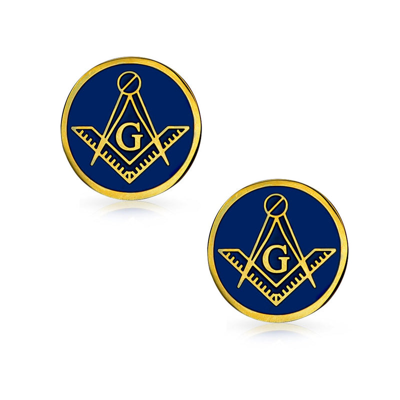 [Australia] - Shield Round Freemasons Compass Symbol Masonic Cuff Links for Men Blue Black Enamel Two Tone Silver Or Gold Tone Stainless Steel Hinge Bullet Back 