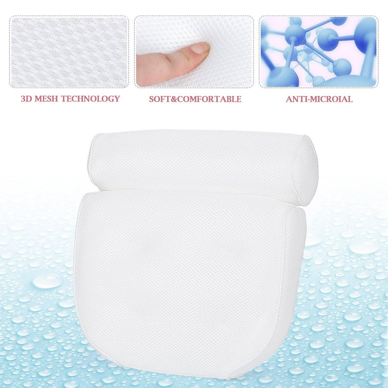 [Australia] - Coastacloud Breathable Spa Bath Pillow with 4 Large Suction Cups, Cushion Head, Neck, Shoulder & Back Support - Non Slip Contoured Shape Spa Pillows for Bathtub Hot Tub Jacuzzi - White 