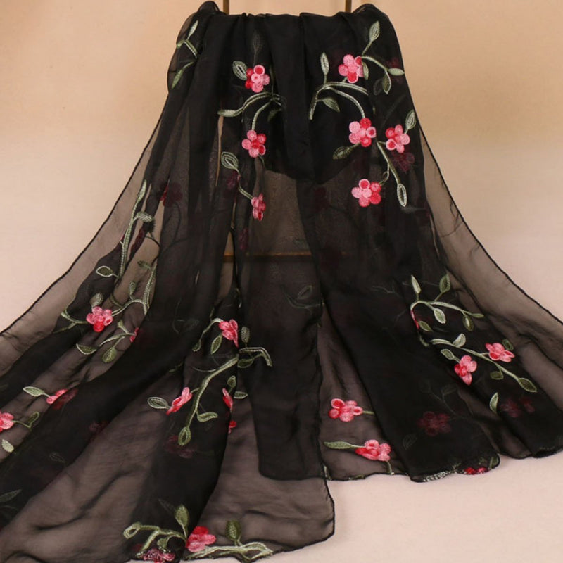 [Australia] - Meliya Fashion Lady Women Long Scarf Ultra-thin Floral Embroidery Sheer Chiffon Shawl Wrap Sunscreen Black 