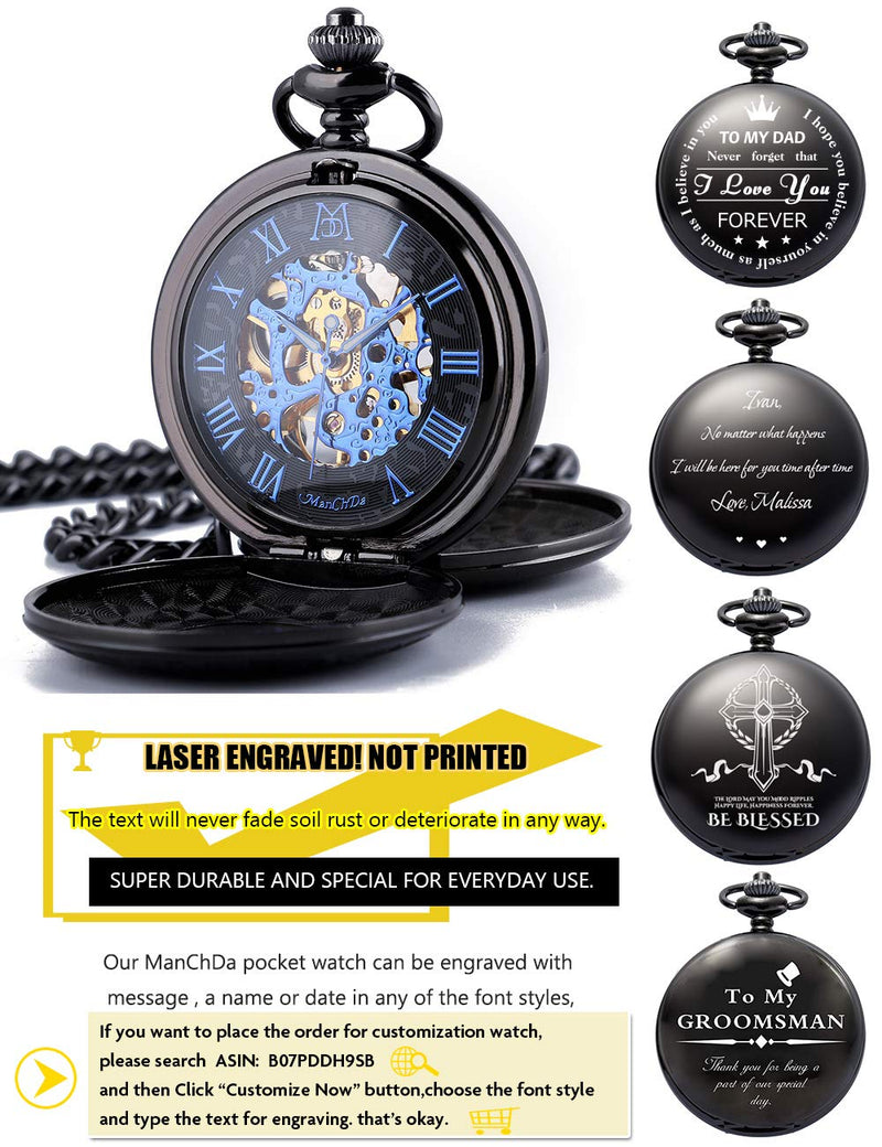 [Australia] - ManChDa Mechanical Roman Numerals Dial Skeleton Pocket Watches with Box and Chains for Mens Women 1.Black Blue 