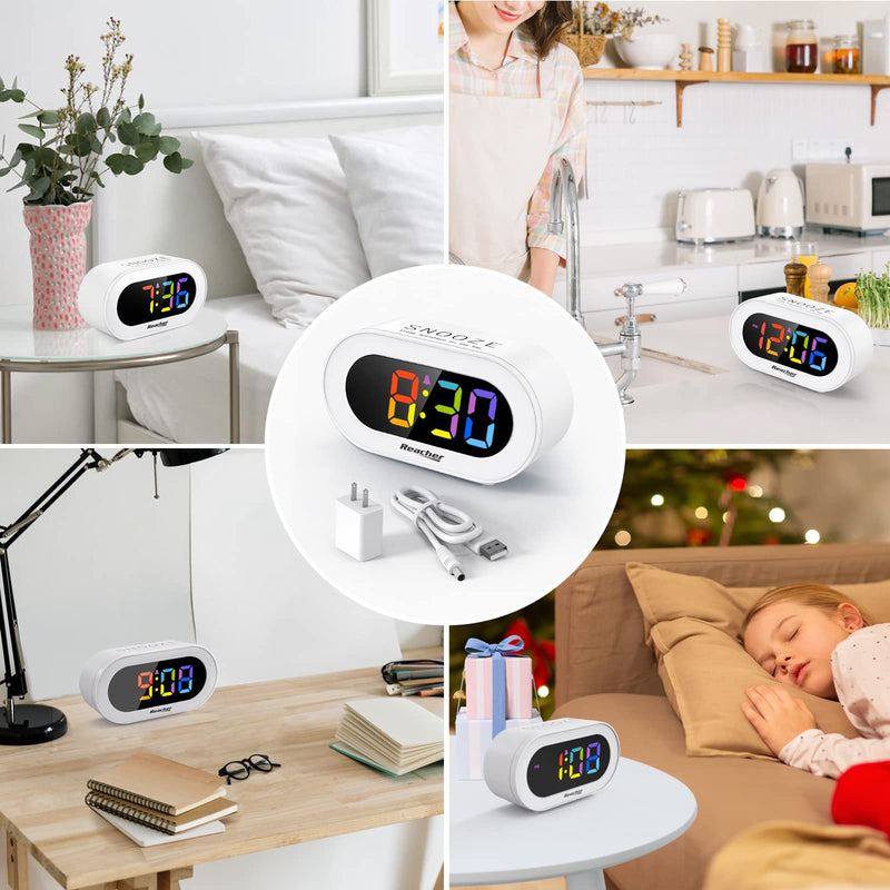 [Australia] - Reacher Small Colorful LED Digital Alarm Clock with Snooze, Simple to Operate, Full Range Brightness Dimmer, Adjustable Alarm Volume, Outlet Powered Compact Clock for Bedrooms, Bedside, Desk, Shelf Colorful Digit 