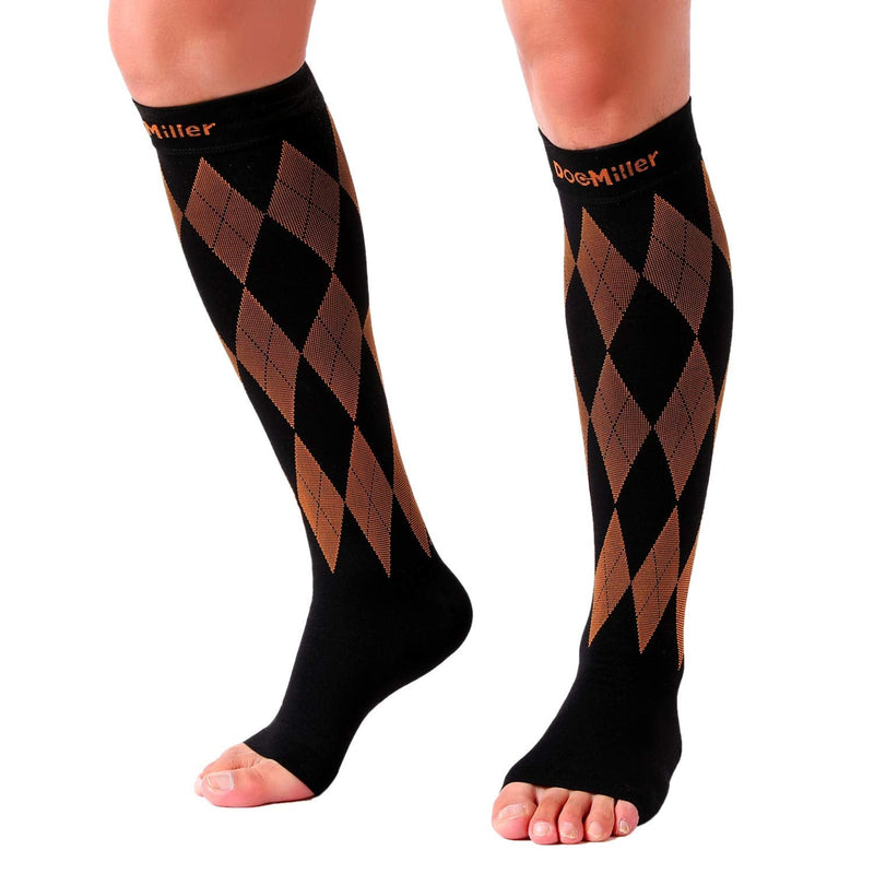 [Australia] - Doc Miller Open Toe Compression Socks Women 20-30mmHg, 1 Pair Toeless Socks for Women and Men - Argyle Design Large Black.orange Open Toe 