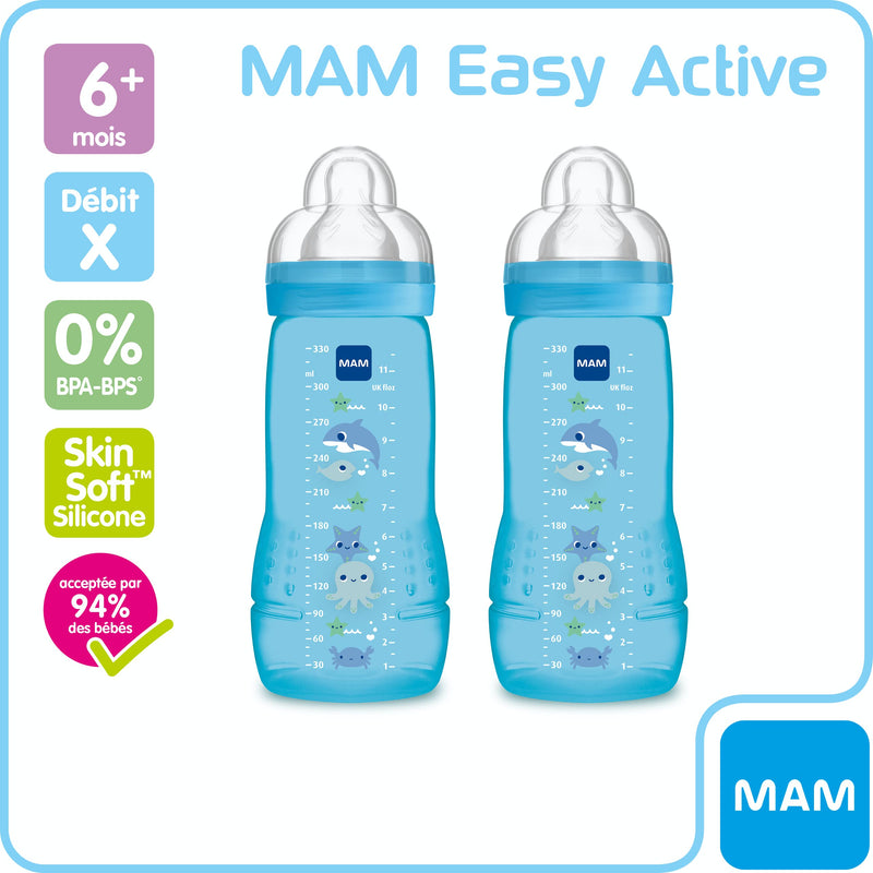 [Australia] - MAM Coloured 2nd Age 330ml Bottle 6 Months Debit Teat (Pack of 2) Blue 2 Count (Pack of 1) 