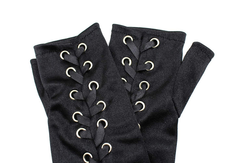 [Australia] - RARITYUS Women Lace Up Fingerless Long Elbow Gloves Costume Party Arm Warmer for Wedding Engagement Black Satin 