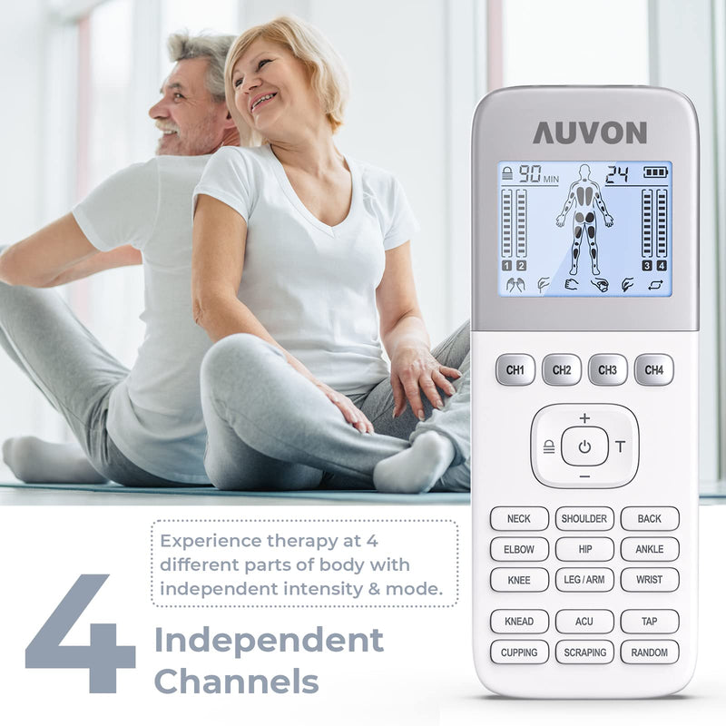[Australia] - AUVON 4 Outputs H1 TENS Unit 24 Modes Muscle Stimulator for Pain Relief, Rechargeable TENS EMS Machine with Easy-to-Select Button Design, 2X Battery Life, Dust-Proof Bag and 8 Electrode Pads 