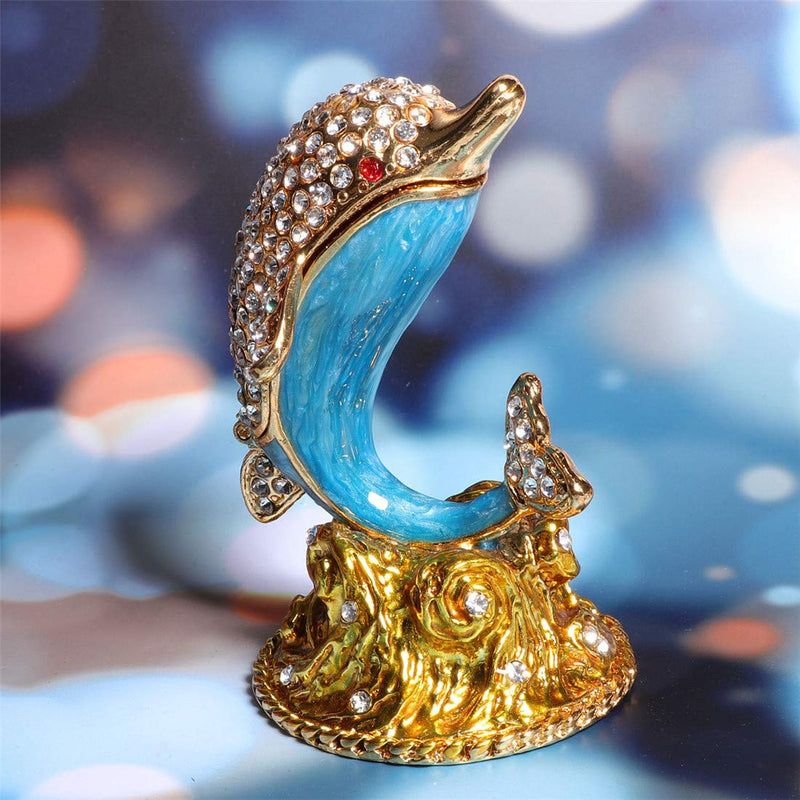 [Australia] - Waltz&F White diamond dolphin Hand Painted Enameled Decorative Hinged Jewelry Animal Trinket Box Unique Home Decor 