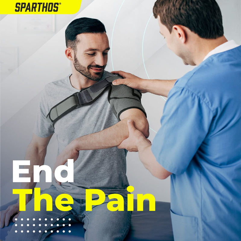 [Australia] - Sparthos Shoulder Brace - Support and Compression Sleeve for Torn Rotator Cuff, AC Joint Pain Relief - Arm Immobilizer Wrap, Ice Pack Pocket, Stability Strap, Dislocated Sholder - for Men and Women Universal Gray/Black 