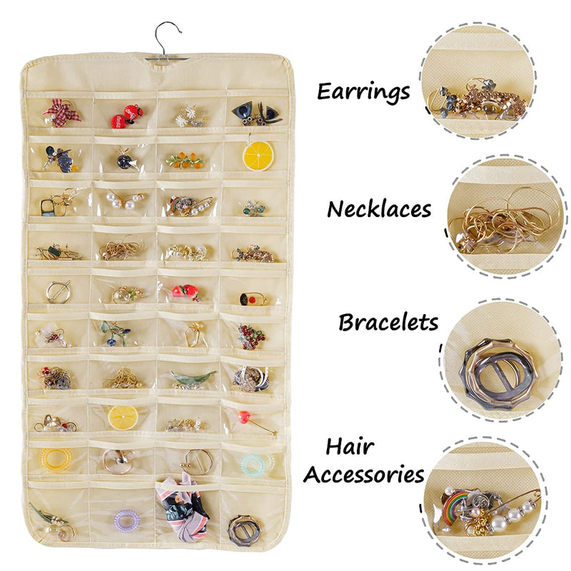 [Australia] - Bloss Hanging Jewelry Organizer 80 Pockets Double-Size Jewel Hanger For Jewelry Earring Storage-Beige Beige 