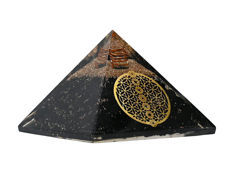 [Australia] - Large Orgone Pyramid | Black Tourmaline Pyramid Crystal | Chakra Flower of Life Orgonite Pyramid | Organ Pyramids Positive Energy Healing Flower of Life - 7 Chakra 