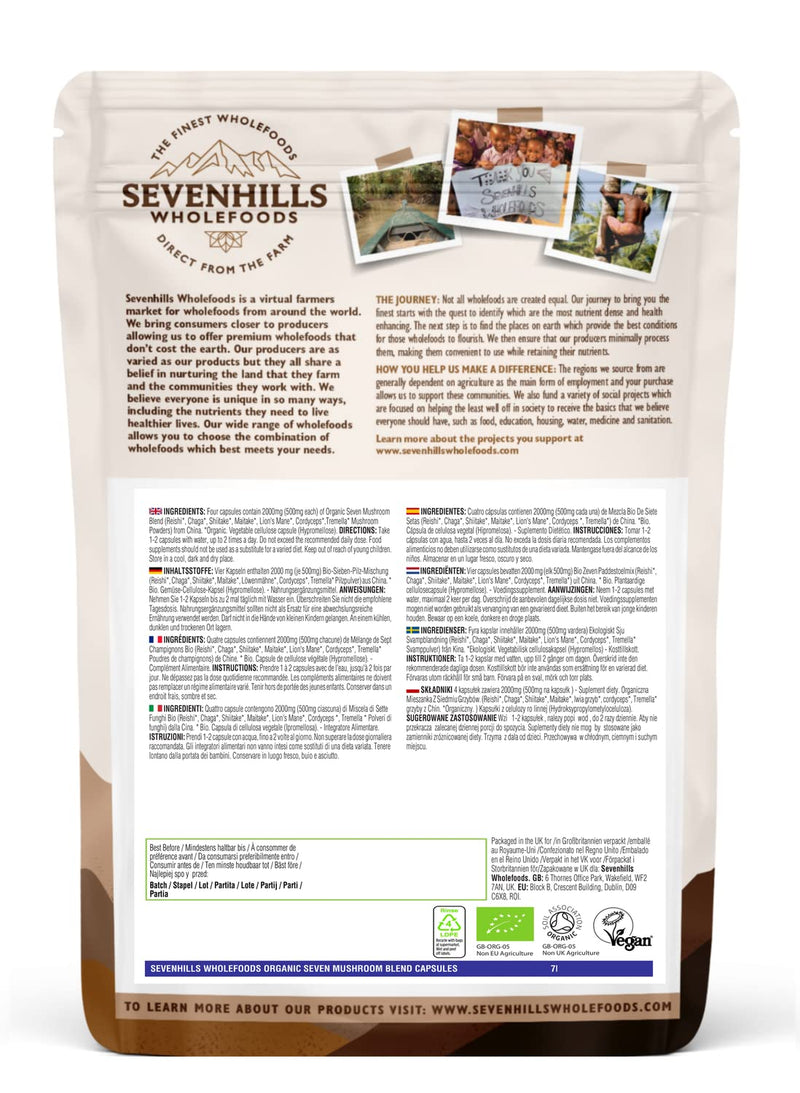 [Australia] - Sevenhills Wholefoods Organic 7 Mushroom Blend Capsules, Pack of 120, Blend of Reishi, Chaga, Shiitake, Maitake, Lion's Mane, Cordyceps & Tremella 120 Count (Pack of 1) 