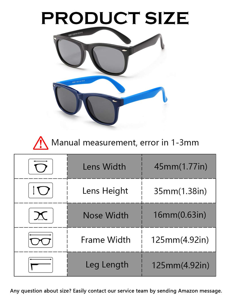 [Australia] - DeBuff Kids Polarized Sunglasses TPEE Rubber Flexible Frame for Boys Girls Age 3-10 2 Pack - (All Matte Black+blue) 45 Millimeters 