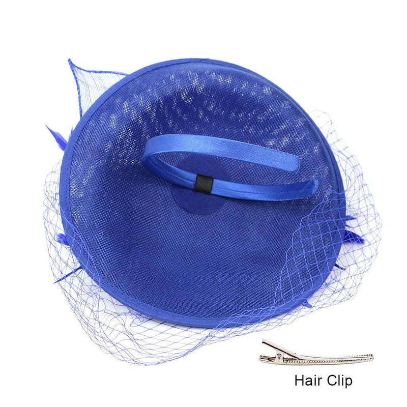 [Australia] - Hilary Ella Flax Net Face Veil Feather Fascinator for Women Cocktail Tea Party Derby Wedding Fascinators Hat Deep Blue 