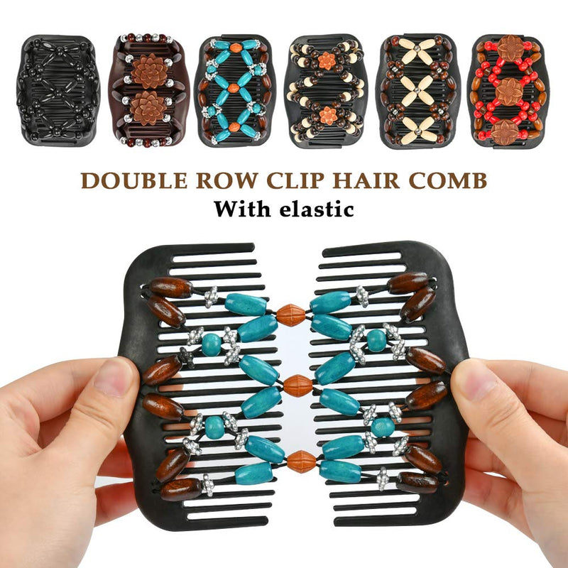 [Australia] - TIMESETL Beads Hair Combs, 6 pcs Elastic Magic Wood Beads Double Hair Comb Clip Stretchy Hair Accessories for Women Girls 