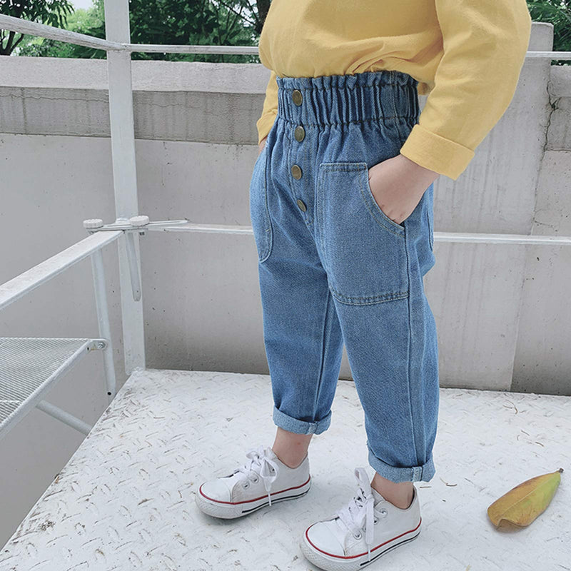 [Australia] - Tiacham Toddler Baby Girl Jeans Casual High Waisted Wide Leg Pant Straight Denim Jean Trousers Baggy Blue 6-12 Months 