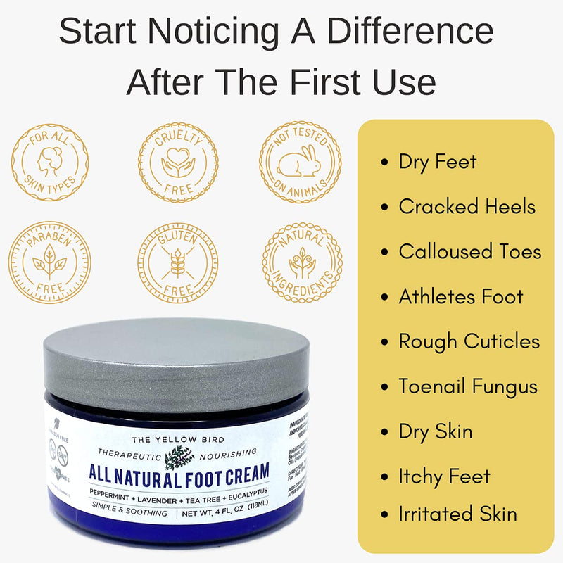 [Australia] - The Yellow Bird Natural Foot Cream - Dry Feet Balm , Cracked Heel Moisturizer, Organic Athletes Foot Repair Salve with Tea Tree Oil & Peppermint. Moisturizing Callus Care, Toenail Treatment Creme 