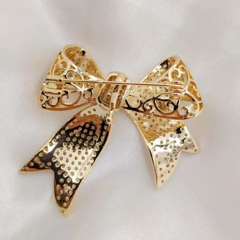 [Australia] - DREAMLANDSALES Victorian Vintage Gold Tone Full Micro Pave Ribbon Bow Brooches Pins Women Accessory 