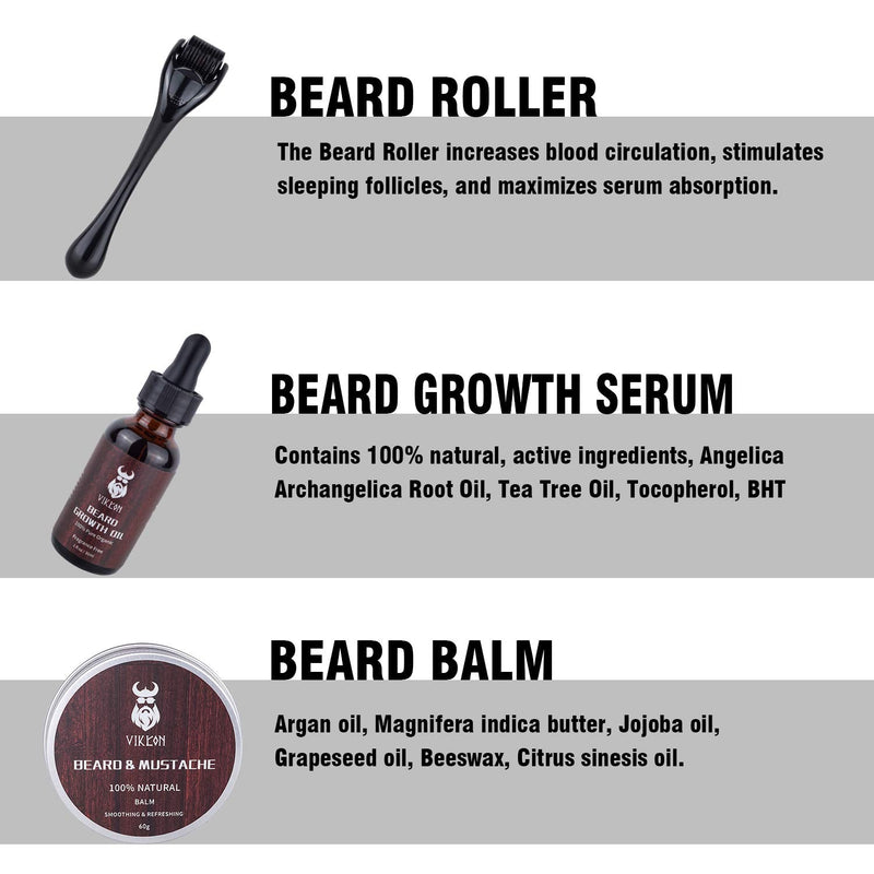 [Australia] - Beard Growth Kit, Beard Derma Roller Kit for Men, Patchy Facial Hair Growing Kit, Beard Growth Serum Oil + Beard Balm + Titanium Microneedle Roller, Let it Grow 