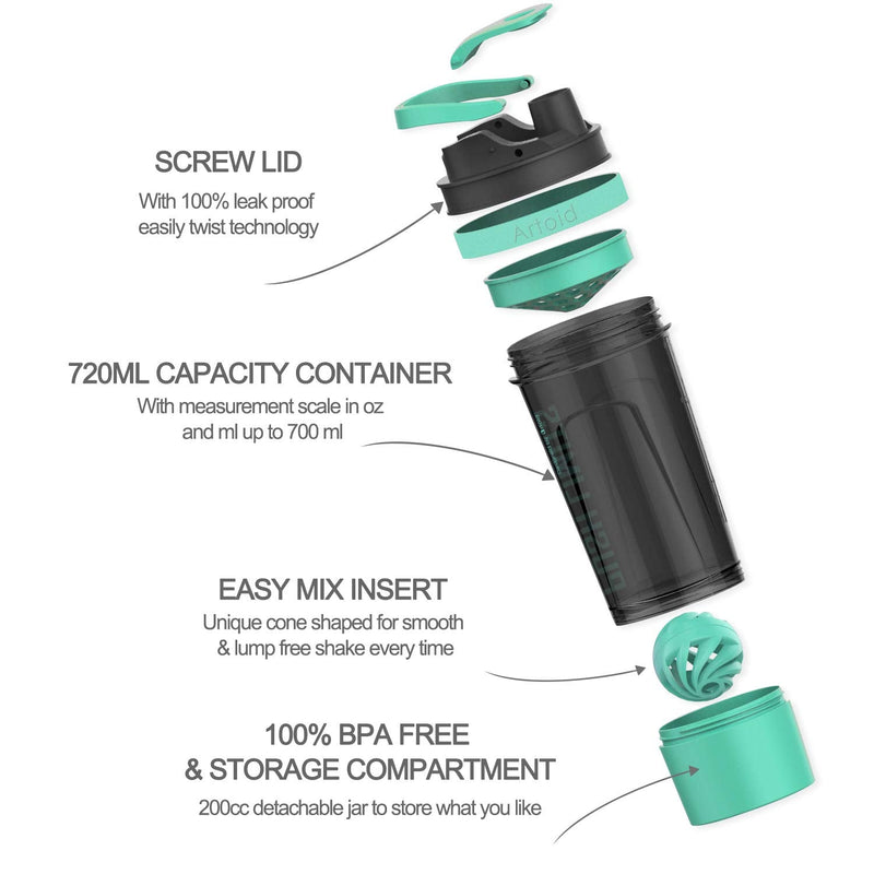 [Australia] - Artoid Mode 720ml Inspirational Sports Fitness Workout Protein Shaker Bottle with Twist and Lock Protein Box Storage, Dual Mixing Technology with Shaker Balls & Mixing Grids - BPA Free Aqua Green/Black 
