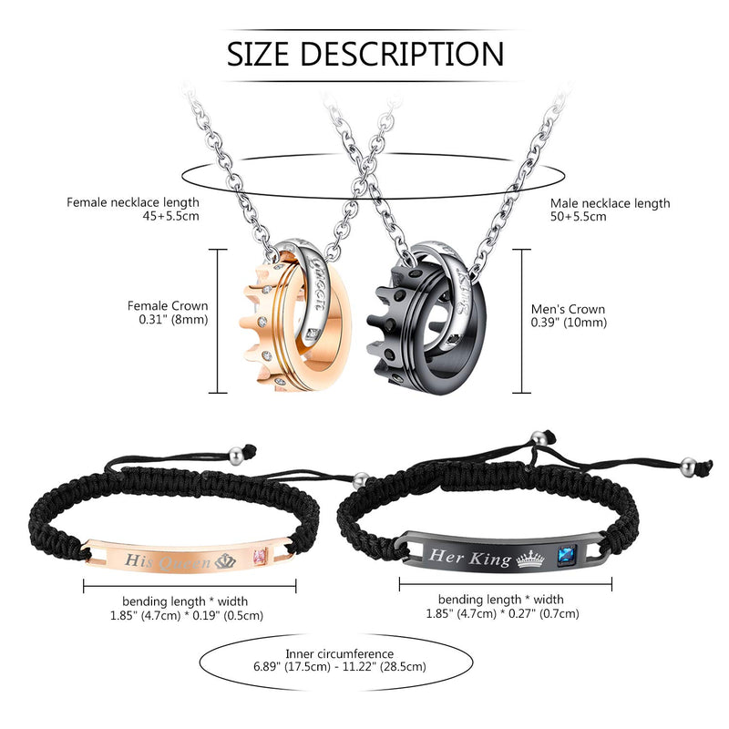 [Australia] - Couples Jewelry Sets-Hand Braided His Queen and Her King Bracelets, Crown Ring Matching Necklaces, for Chirstmas,Valentines Day Gift,with Gift Box 