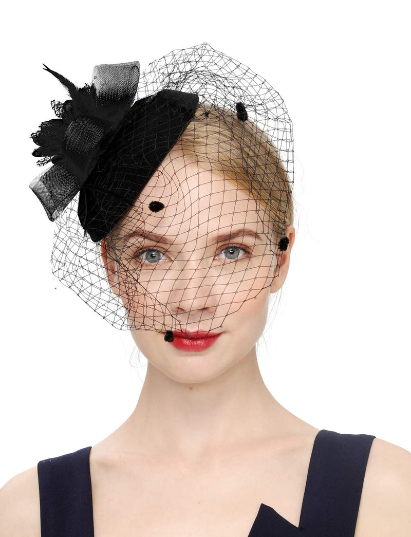 [Australia] - Cizoe Fascinator Hair Clip Pillbox Hat Bowler Feather Flower Veil Wedding Party Hat Tea Hat 1-a-black1 