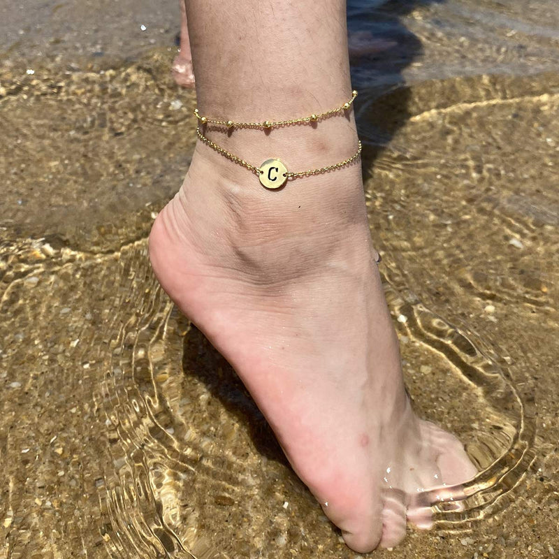 [Australia] - Initial Disc Ankle Bracelet Layered Letters A to Z Alphabet Beads Chain Anklet for Women 14K Real Gold Plated R 