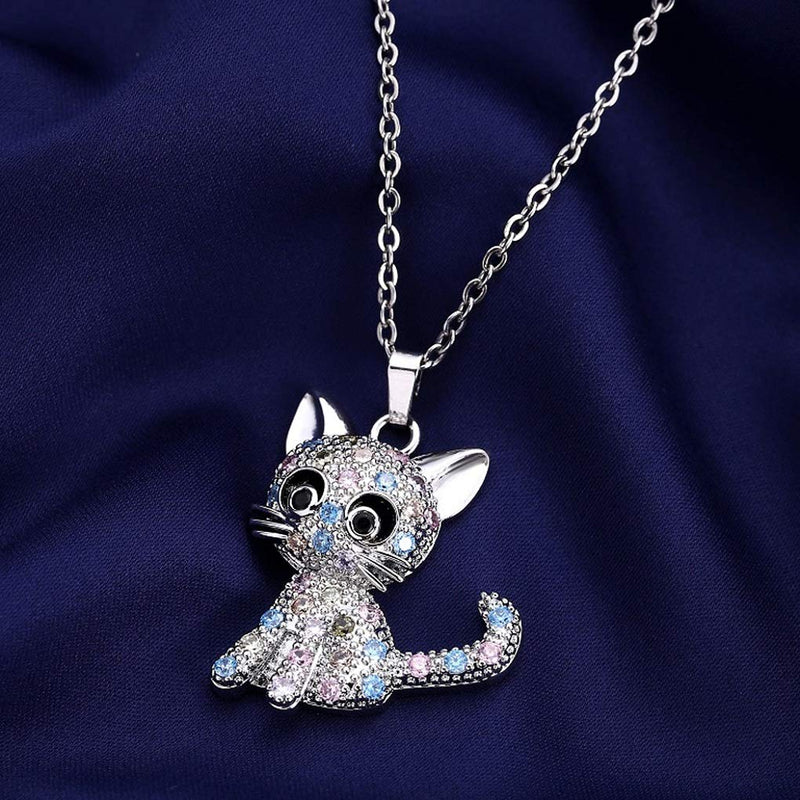 [Australia] - SXNK7 Cat Necklace Silver Tone Sparkly Rainbow Crystal Cat Necklace Cat Pendant Necklace Jewelry for Women Teen Girls Kids Cat Lover Gifts (color new2) 