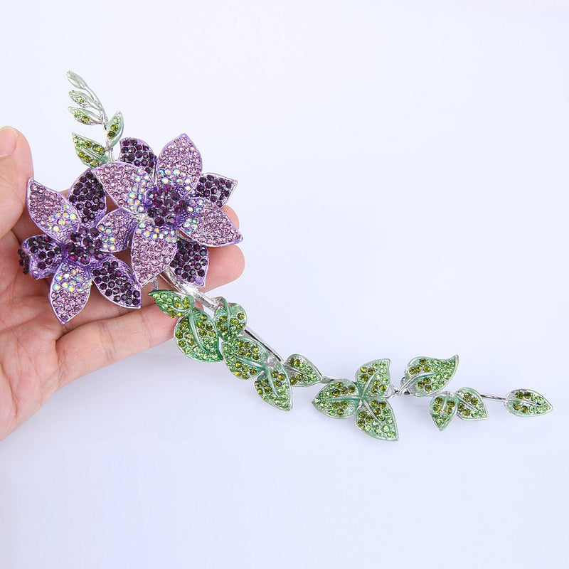 [Australia] - EVER FAITH Women's Austrian Crystal 9 Inch Elegant Flowers Leaf Long Plant Brooch Silver-Tone Purple w/ Green 