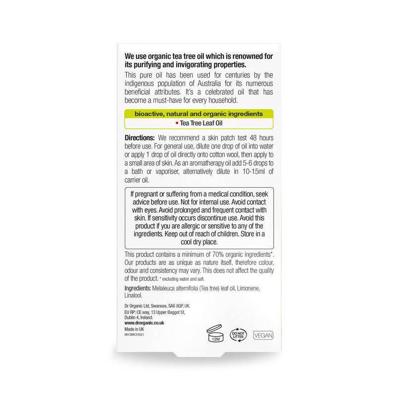 [Australia] - Dr Organic, Organic Tea Tree Pure Oil , Natural , Vegan , Cruelty Free , Paraben & SLS Free , 10ml 
