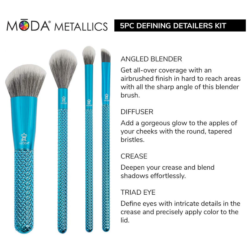 [Australia] - MODA Full Size Metallic Defining Detailers 5pc Makeup Brush Set with Pouch, Includes - Angle Blender, Diffuser, Crease and Triad Eye Brushes, Metallic Blue 