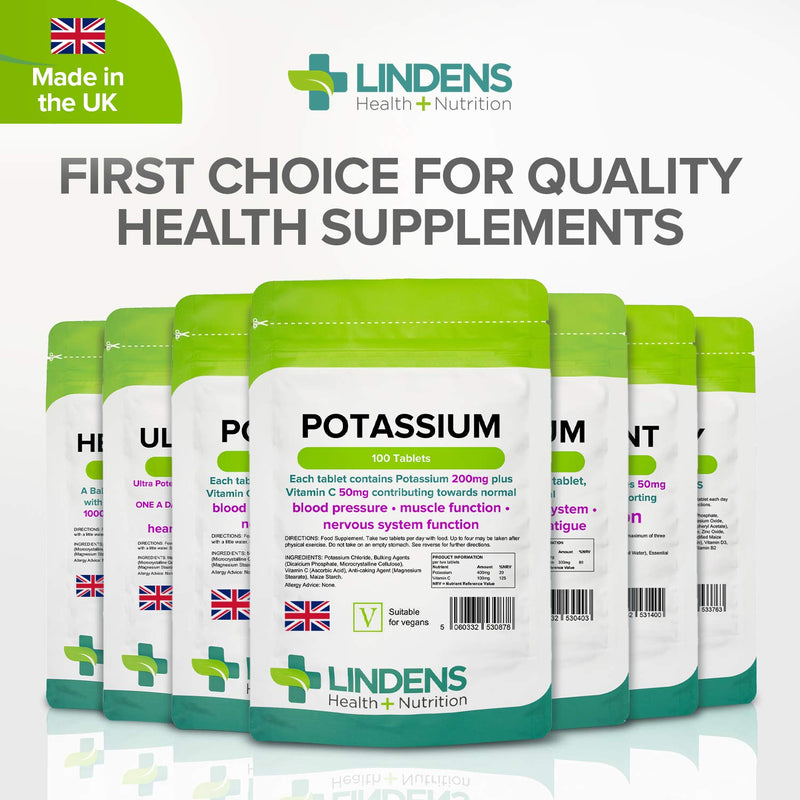 [Australia] - Lindens Potassium 200mg Tablets with 50mg Vitamin C - 100 Tablets - Contributes to Normal Blood Pressure, Muscle Function and Nervous System Function - UK Manufacturer, Letterbox Friendly 200 Count (Pack of 50) 