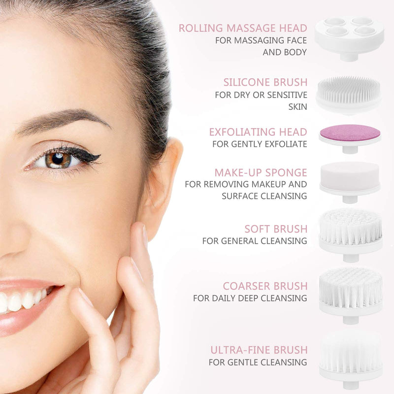 [Australia] - CLSEVXY Waterproof Facial Cleansing Spin Brush Set with 7 Exfoliating Brush Heads - Complete Face Spa System for Gentle Cleansing, Deep Scrubbing and Massaging Blush 