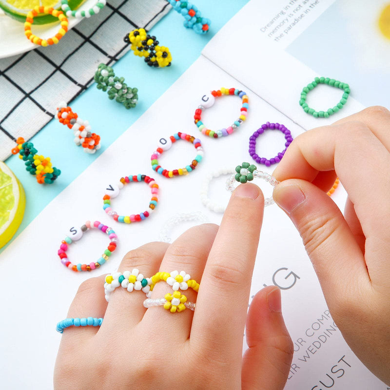 [Australia] - Jadive 29 Pieces Flower Beaded Ring Daisy Flower Bead Rings Set Rice Bead Rings Cute Handmade Vsco Boho Beach Rings Colorful Jewelry Ring Rainbow Colorful Beads Knuckle Ring Set for Girl Women 