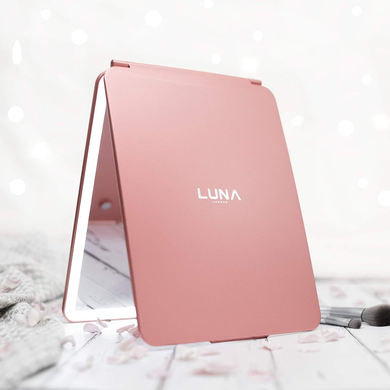 [Australia] - LUNA London Eclipse LED Lighted Travel Vanity Makeup Mirror | 3 Colour Light, Compact, Portable, Lighted, Rechargeable, Illuminated Mirror | Perfect for Travel, Makeup & Beauty Needs | Rose Gold 